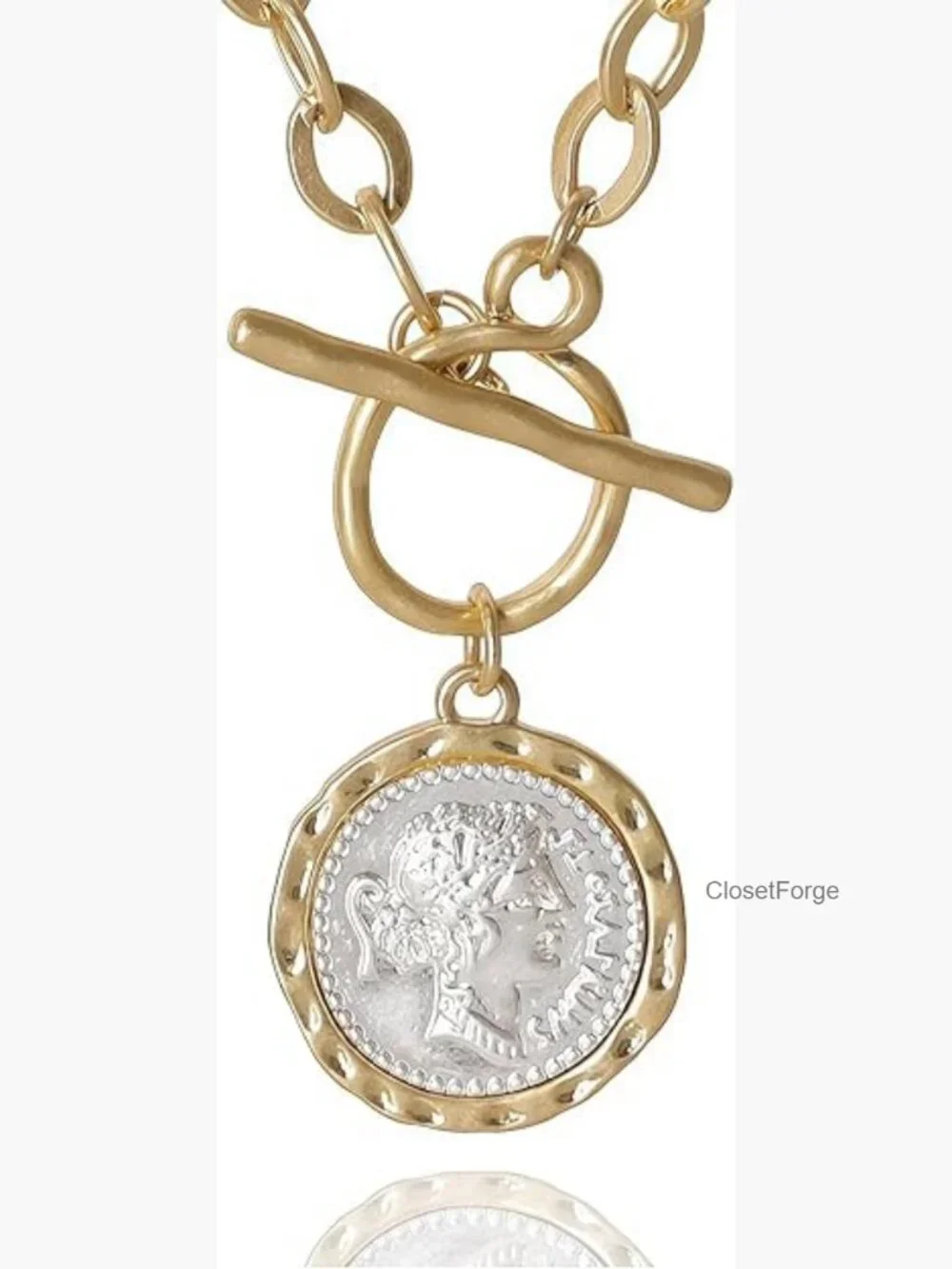 18k Gold Plated Angel Coin Toggle Necklace Chunky Statement Jewelry